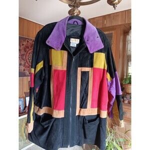 Roaman's vintage retro long color block suede long jacket 1980s 1X plus size